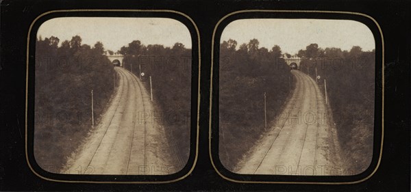 [Stereographic View of Paris-Lyon Railroad Tracks with "Ghost" Train Visible When Viewed by Transmitted Light], ca. 1860.