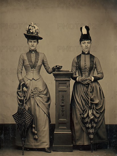 Studio Portrait of Two Women Holding Folded Parasols, ca. 1885.