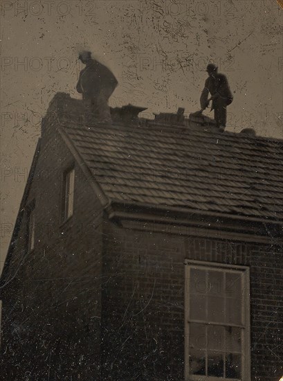 Two Roofers Working Atop a Building, 1860s-80s.