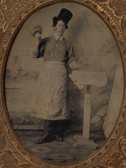 Stone Mason in Top Hat and Apron with Mallet and Chisel, 1870s-80s.