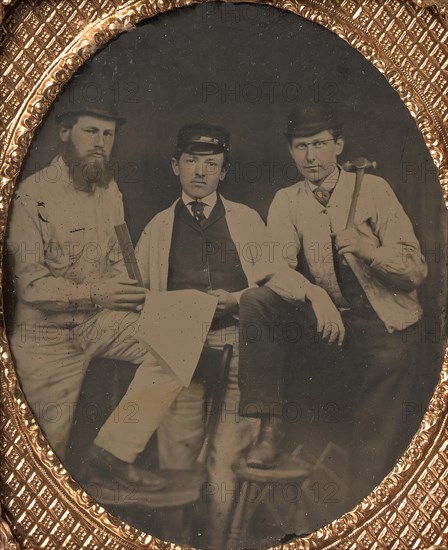 [Three Carpenters, Standing, Holding a Ruler, Hammer, and Sheet of Paper], 1850s-60s.