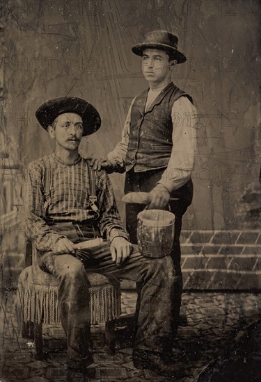 Two Painters, One Seated and One Standing, with Brushes and a Bucket, 1860s-80s.