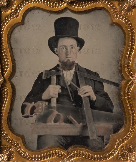 Carpenter in Top Hat with Hatchet, Compass, Square, and Hand Saw, 1850s-60s.