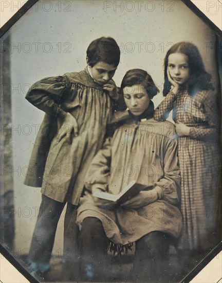[Three Children, One Seated Holding an Open Book, the Other Two Standing, in Front of a Light Background], ca. 1845.