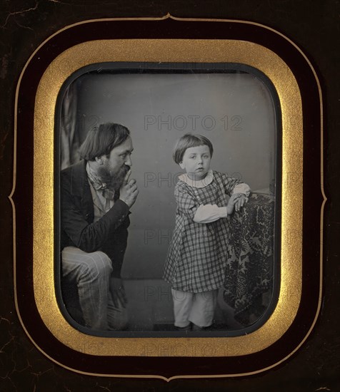 [Man Calming a Young Boy Posing before the Camera], ca. 1850.