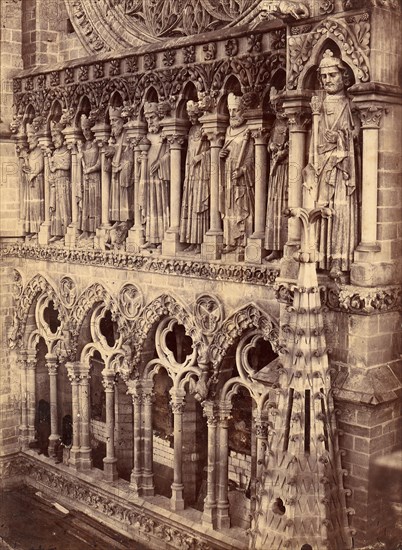 Pointed Arches, Sculptural Saints, and Rose Window on Unidentified Cathedral, 1880s.