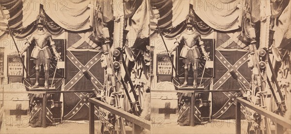 225 Stereographs of United States Architecture, 1850s-90s. [The Great Metropolitan Sanitary Fair. No. 1702. The Department of Arms and Trophies. Showing Confederate Battle Flags, Suit of Ancient Armor, and Trophies from the Mexican War].
