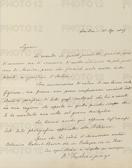 Manuscript Letter from William-Fox Strangways to Antonio Bertoloni, 1839. [Letter in Italian, discussing botany].
