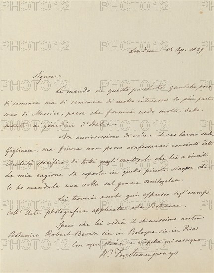 Manuscript Letter from William-Fox Strangways to Antonio Bertoloni, 1839. [Letter in Italian, discussing botany].