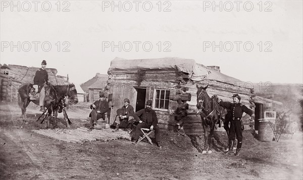 Headquarters, Co. F, 11th Rhode Island Infantry, Miner's Hill, Virginia, 1862. Formerly attributed to Mathew B. Brady.