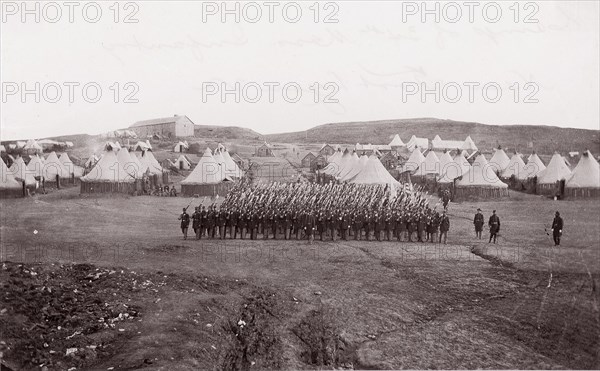 Camp of 34th Massachusetts Infantry near Fort Lyon, Virginia, 1861-65. Formerly attributed to Mathew B. Brady.