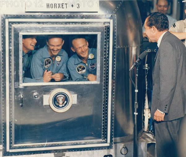 President Richard M. Nixon Welcomes the Apollo 11 Astronauts Aboard Recovery Ship USS Hornet, 1969.