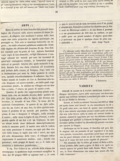 Supplemento al no. 6 anno 2o del Ricoglitore di Cognizioni Utili (15 July 1839), p. 25, 1839. [Article in Italian discussing photogenic drawing and botanical photography, mentioning Antonio Bertoloni and William Henry Fox Talbot].