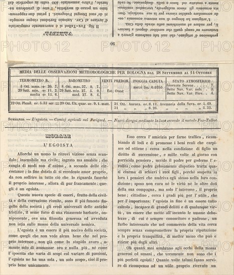 Ricoglitore Di Cognizioni Utili. Anno 2o, No. 12 (15 October 1839, p. 50], 1839. Page of Italian text: weather forecast for Bologna, and article entitled The Egotist].
