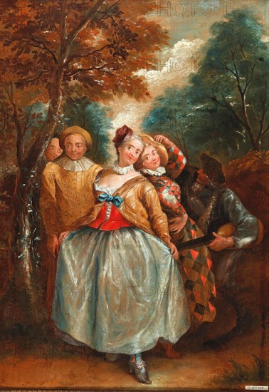 A Commedia dell'Arte scene with Columbina, Harlequin and Pierrot. Creator: Quillard, Pierre-Antoine (1701-1733).