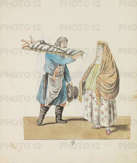 Butcher with pig on the board and merchant woman (From the series The St. Petersburg...), 1799. Creator: Geissler, Christian Gottfried Heinrich (1770-1844).