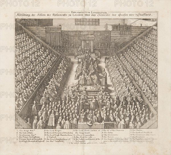Depiction of the Parliament of London?s session of the sentence of the Earl of Stafford, ca 1642. Creator: Hollar, Wenceslaus (1607-1677).