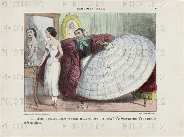 Justine, penses-tu que je serai assez étoffée avec cela?... From Modes pour rire, 1855-1859. Creator: Vernier, Charles (1813-1892).