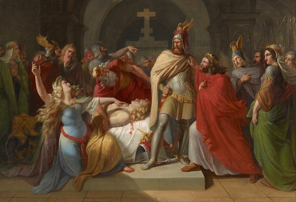 Kriemhild at Siegfried's body declares Hagen as his murderer and swears revenge, 1835. Creator: Rahl, Carl (1812-1865).