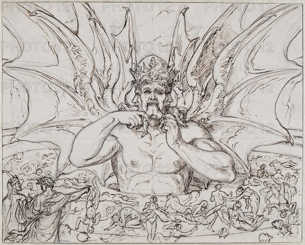 Lucifer in the center of hell. Illustration to the Divine Comedy by Dante Alighieri, ca 1803. Creator: Koch, Joseph Anton (1768-1839).