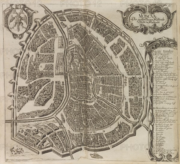 Map of Moscow. From: Vermehrte Newe Beschreibung der Muscowitischen..., 1656. Creator: Olearius, Adam (1599-1671).