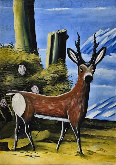 Roe Deer and Landscape, 1913. Creator: Pirosmani, Niko (1862-1918).