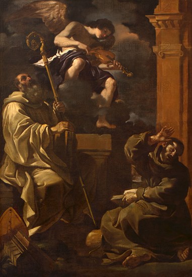 Saint Benedict and Saint Francis Listening to a Musician Angel. Creator: Guercino (1591-1666).