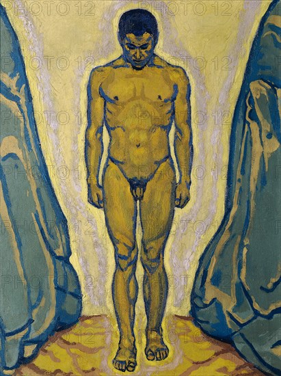 Standing male nude between rocks, c. 1915. Creator: Moser, Koloman (1868-1918).