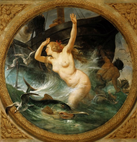 Steam Putting to Flight the Sea Gods (Ceiling painting, Salle des Pas perdus) , 1839-1847. Creator: Vernet, Horace (1789-1863).