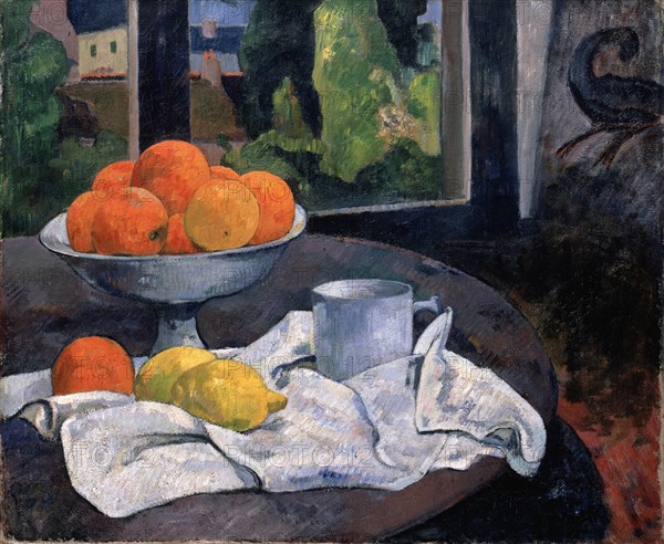 Still life with fruit bowl and lemons, c. 1890. Creator: Gauguin, Paul Eugéne Henri (1848-1903).