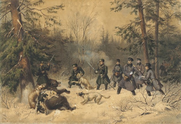 The Bear Hunt of Tsar Alexander II, 1862. Creator: Teichel, Franz (1816-?).