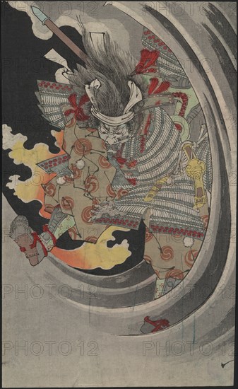 The ghost of the general Taira no Tomomori crashing through waves at Nunobiki Waterfall, 1889. Creator: Yoshitoshi, Tsukioka (1839-1892).