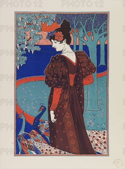 Woman with Peacocks, ca 1897. Creator: Rhead, Louis John (1858-1926).