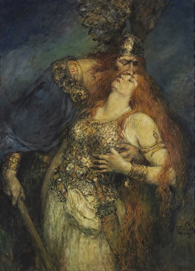 Wotan's farewell to Brunhilde, c. 1910. Creator: Leeke, Ferdinand (1859-1937).