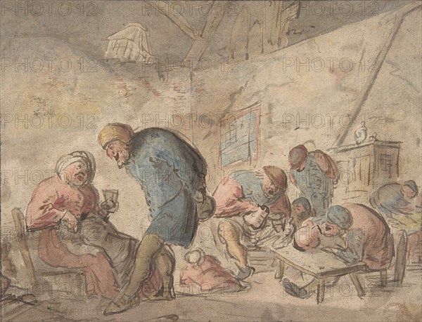 Peasants Drinking, verso: sketches of peasants, 1610-85. Creator: Attributed to Adriaen van Ostade.