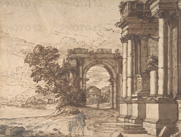 Landscape with Classical Architecture by a Lake, 17th century. Creator: Anon.