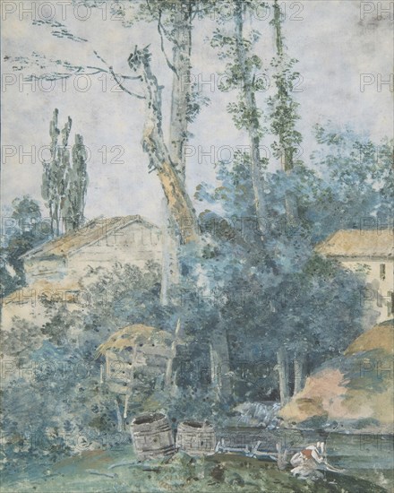 Rustic Scene - A Woman Washing Clothes in a Stream, 18th century. Creator: Anon.