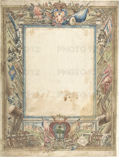 Design for a Frame with Armorial Trophies, the Medici Coat of Arms..., 16th century. Creator: Anon.