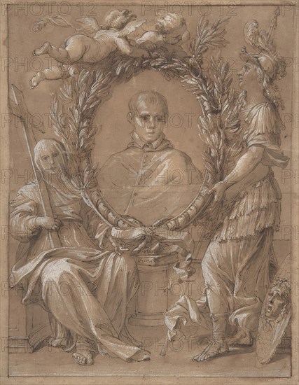 Portrait of an Ecclesiastic Flanked by a Female Saint and Athena, 17th century. Creator: Anon.