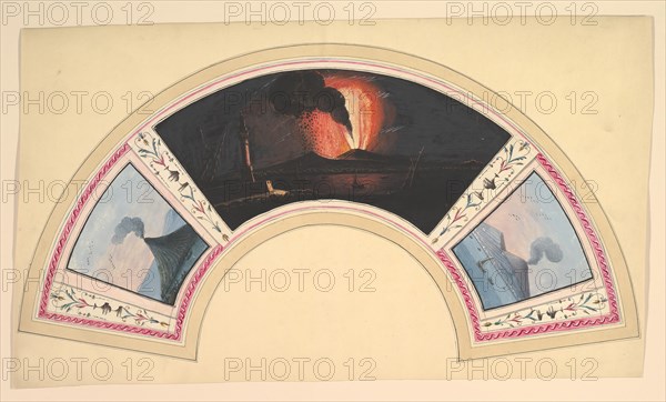 Fan Design with Eruption of Vesuvius and Three Views, 18th century. Creator: Anon.