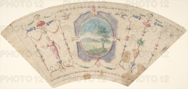 Semi-Circular Design with Grotesques and a Central Medaillon containing a Landscape,18th cent. Creator: Anon.