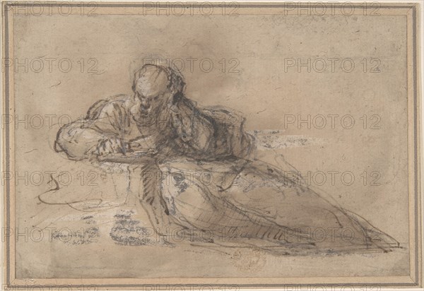 Man Seated on the Ground, Writing, 17th century. Creator: Anon.