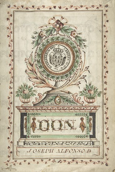 Frontispiece with Vegetal Medallion and Latin Dedication surrounding a Coat of..., 18th century. Creator: Anon.