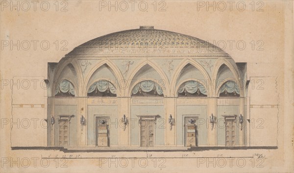 Cross-Section of a Domed Room with Urns and Candelabra, ca. 1800. Creator: Anon.