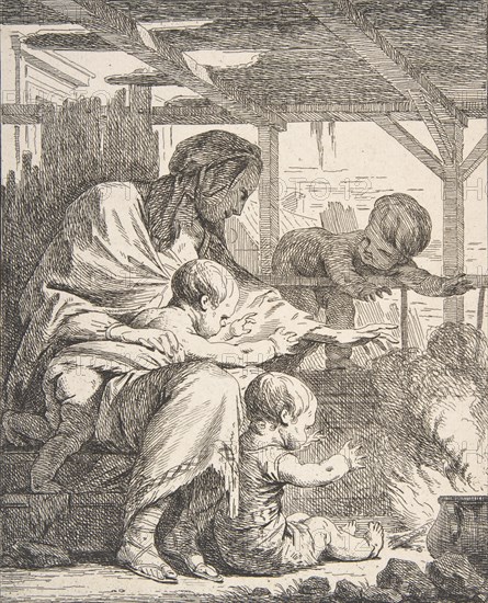 Family Warming Their Hands By a Fire, 18th century., 18th century. Creator: Noël Hallé.