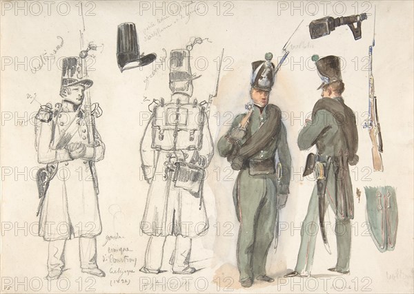 Uniforms of the civil guard in Courtray, Belgium, 1832. Creator: Auguste Raffet.