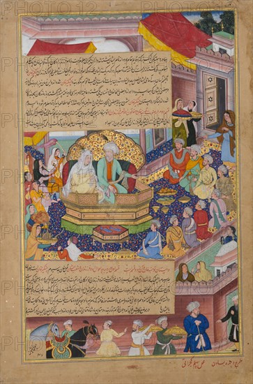 Tumanba Khan, His Wife, and His Nine Sons, Folio from a Chingiznama..., ca. 1596. Creators: Basawan, Bhim Gujarati.