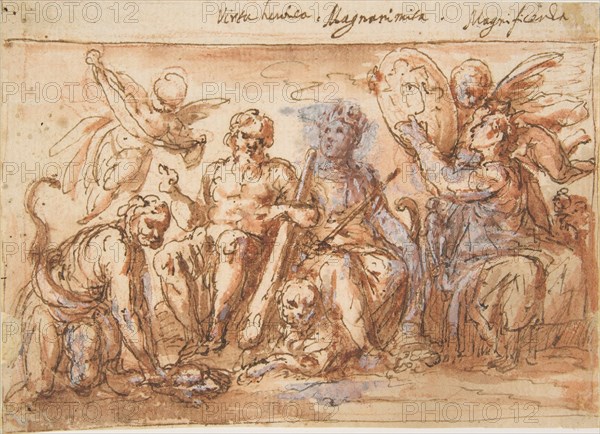 Allegorical Figures: Force, Hercules Strangling the Hydra, Plenty, and Fame, 1600-1650. Creator: Bernardino Rodriguez.