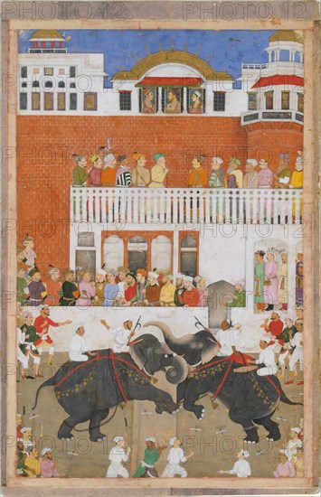 Shah Jahan Watching an Elephant Fight, Folio from a Padshahnama, probably 1639. Creator: Bulaqi.