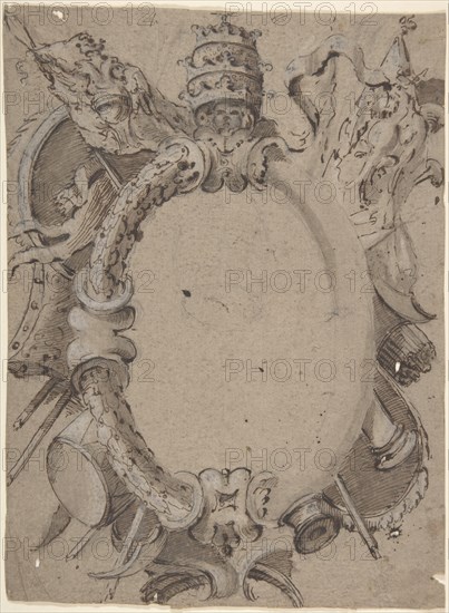 Design for Cartouche with Banners, Drums, Leaves and a Woman's Head with Tiara., 1732-1802.